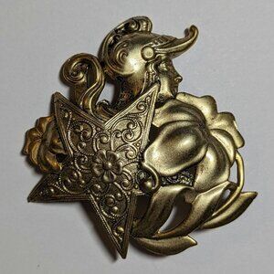 Vintage Matte Golden Tone Brooch Pin Flower Soldier and Star Floral Filigree